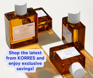 Amber glass bottles from KORRES UK showcasing natural Greek skincare and fragrance products made with high-performance ingredients and sustainable practices.