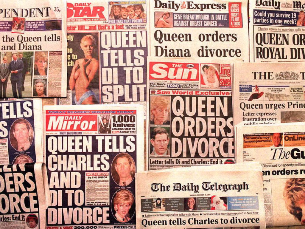 Collage of British newspaper front pages reporting on the Queen urging Prince Charles and Princess Diana to divorce.
