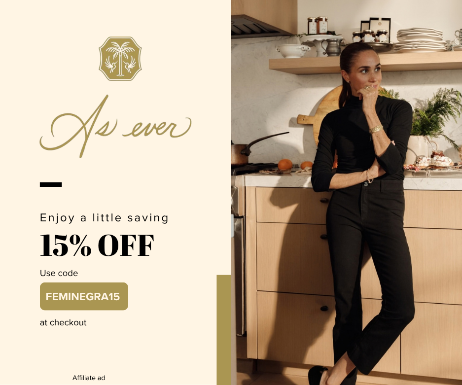 Meghan Sussex in a kitchen beside the As Ever logo and an offer for 15% off using code FEMINEGRA15 at checkout.
